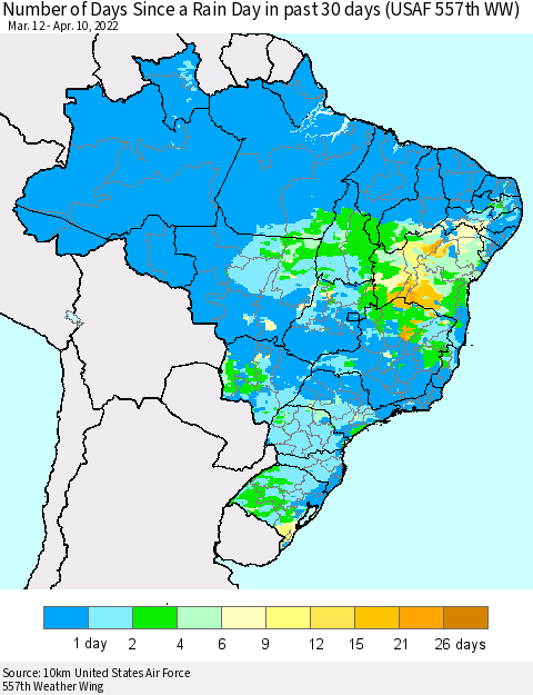 Brazil Number of Days Since a Rain Day in past 30 days (USAF 557th WW) Thematic Map For 4/6/2022 - 4/10/2022