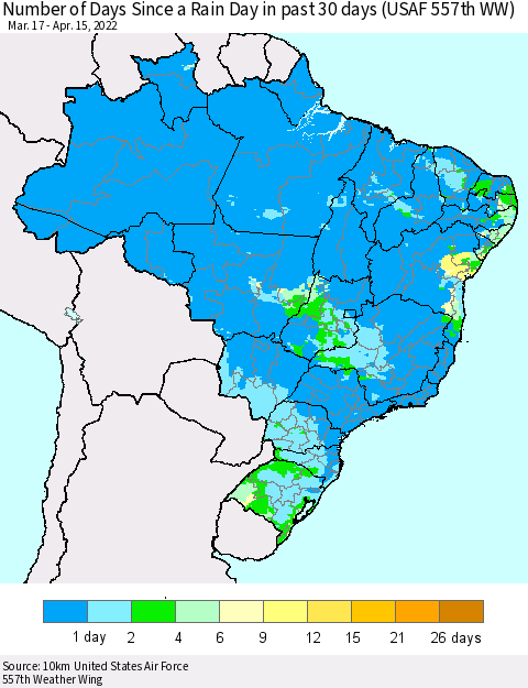 Brazil Number of Days Since a Rain Day in past 30 days (USAF 557th WW) Thematic Map For 4/11/2022 - 4/15/2022