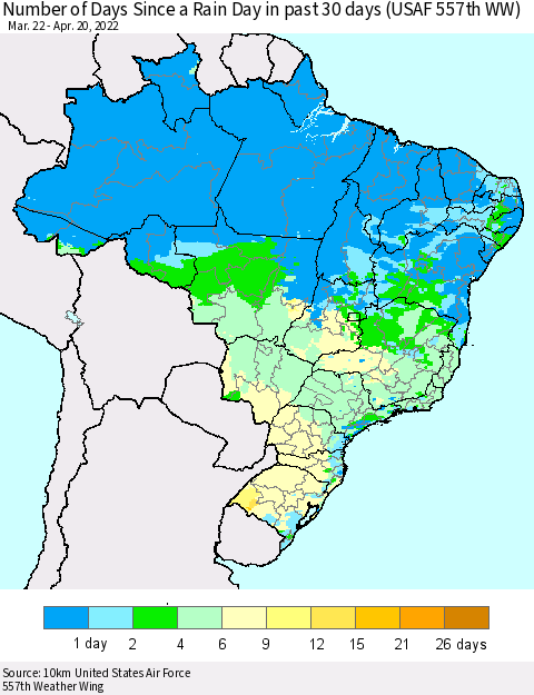 Brazil Number of Days Since a Rain Day in past 30 days (USAF 557th WW) Thematic Map For 4/16/2022 - 4/20/2022