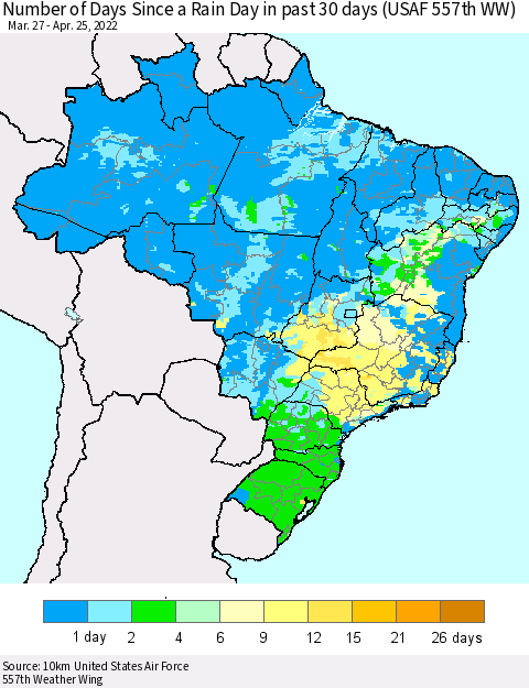 Brazil Number of Days Since a Rain Day in past 30 days (USAF 557th WW) Thematic Map For 4/21/2022 - 4/25/2022