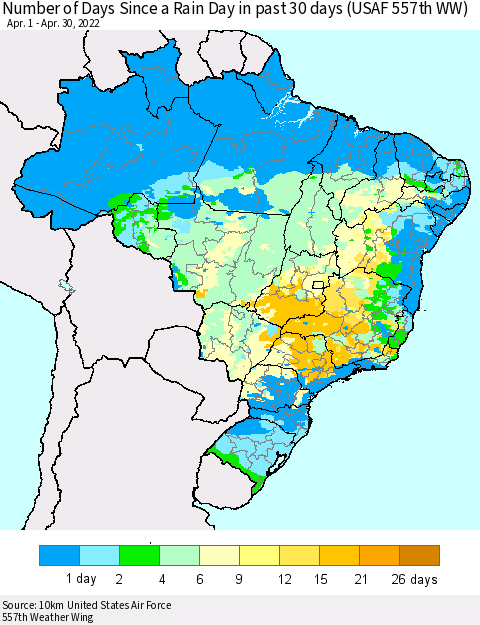 Brazil Number of Days Since a Rain Day in past 30 days (USAF 557th WW) Thematic Map For 4/26/2022 - 4/30/2022