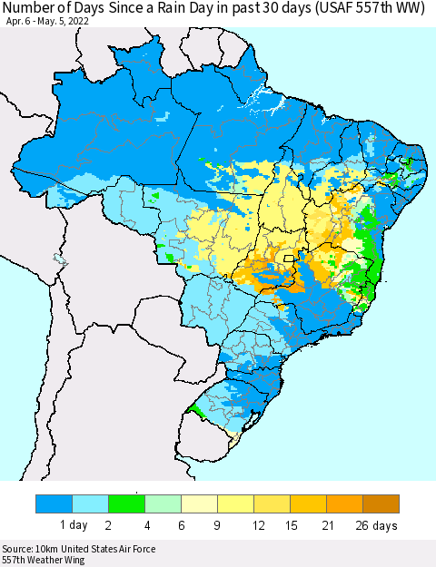 Brazil Number of Days Since a Rain Day in past 30 days (USAF 557th WW) Thematic Map For 5/1/2022 - 5/5/2022