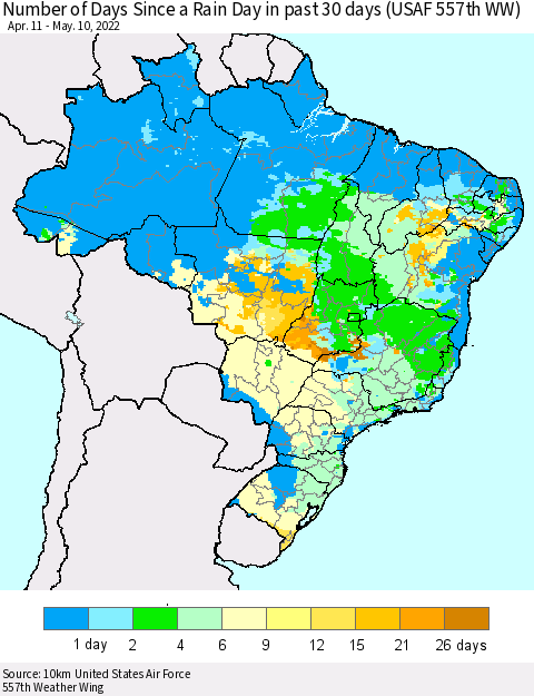 Brazil Number of Days Since a Rain Day in past 30 days (USAF 557th WW) Thematic Map For 5/6/2022 - 5/10/2022