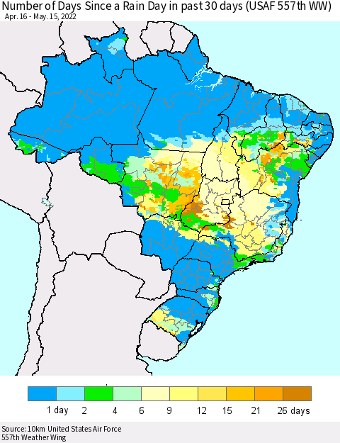 Brazil Number of Days Since a Rain Day in past 30 days (USAF 557th WW) Thematic Map For 5/11/2022 - 5/15/2022
