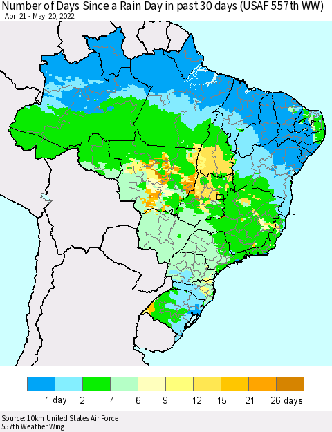 Brazil Number of Days Since a Rain Day in past 30 days (USAF 557th WW) Thematic Map For 5/16/2022 - 5/20/2022