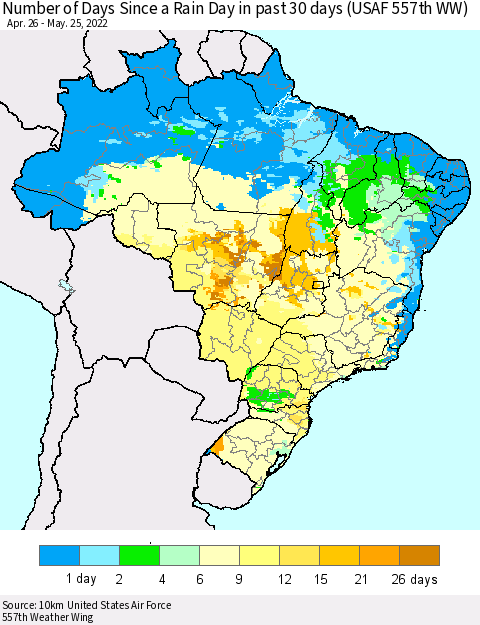 Brazil Number of Days Since a Rain Day in past 30 days (USAF 557th WW) Thematic Map For 5/21/2022 - 5/25/2022