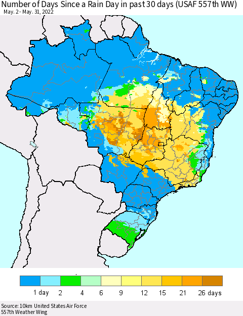 Brazil Number of Days Since a Rain Day in past 30 days (USAF 557th WW) Thematic Map For 5/26/2022 - 5/31/2022