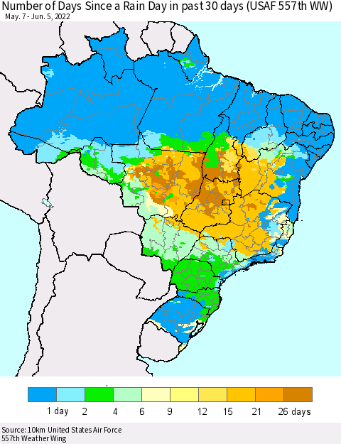 Brazil Number of Days Since a Rain Day in past 30 days (USAF 557th WW) Thematic Map For 6/1/2022 - 6/5/2022