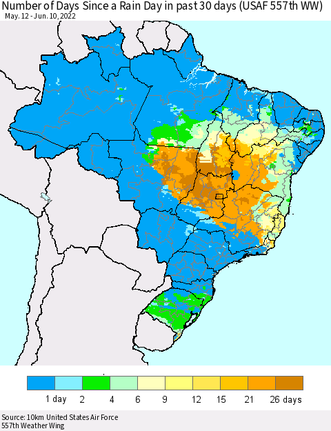 Brazil Number of Days Since a Rain Day in past 30 days (USAF 557th WW) Thematic Map For 6/6/2022 - 6/10/2022