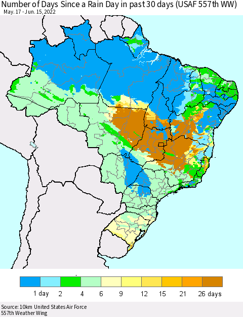Brazil Number of Days Since a Rain Day in past 30 days (USAF 557th WW) Thematic Map For 6/11/2022 - 6/15/2022