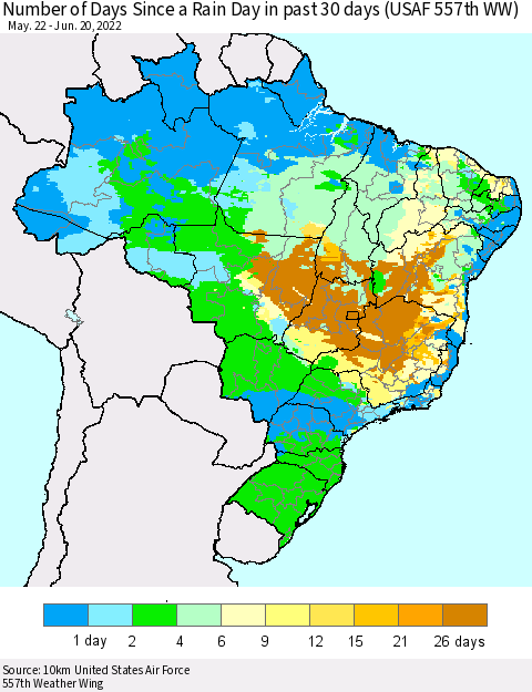 Brazil Number of Days Since a Rain Day in past 30 days (USAF 557th WW) Thematic Map For 6/16/2022 - 6/20/2022