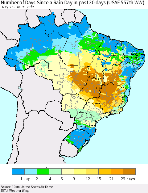 Brazil Number of Days Since a Rain Day in past 30 days (USAF 557th WW) Thematic Map For 6/21/2022 - 6/25/2022
