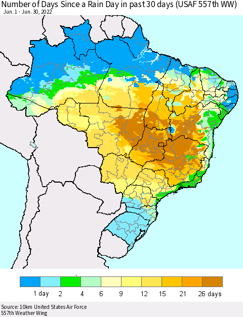 Brazil Number of Days Since a Rain Day in past 30 days (USAF 557th WW) Thematic Map For 6/26/2022 - 6/30/2022
