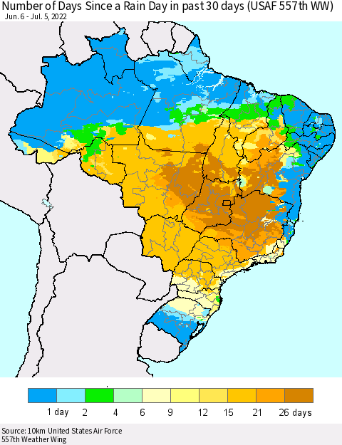 Brazil Number of Days Since a Rain Day in past 30 days (USAF 557th WW) Thematic Map For 7/1/2022 - 7/5/2022