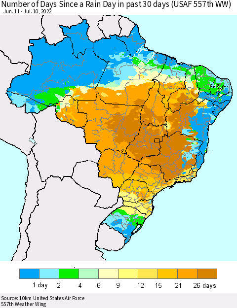 Brazil Number of Days Since a Rain Day in past 30 days (USAF 557th WW) Thematic Map For 7/6/2022 - 7/10/2022