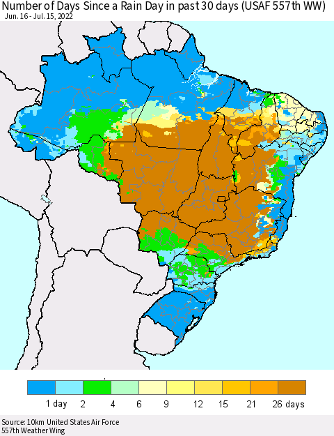 Brazil Number of Days Since a Rain Day in past 30 days (USAF 557th WW) Thematic Map For 7/11/2022 - 7/15/2022