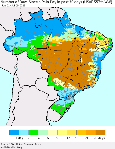 Brazil Number of Days Since a Rain Day in past 30 days (USAF 557th WW) Thematic Map For 7/16/2022 - 7/20/2022