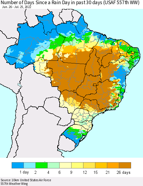 Brazil Number of Days Since a Rain Day in past 30 days (USAF 557th WW) Thematic Map For 7/21/2022 - 7/25/2022