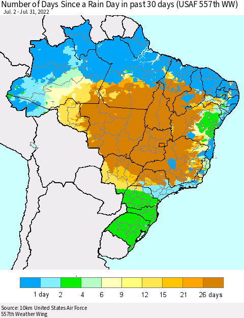 Brazil Number of Days Since a Rain Day in past 30 days (USAF 557th WW) Thematic Map For 7/26/2022 - 7/31/2022