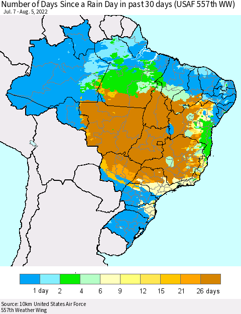 Brazil Number of Days Since a Rain Day in past 30 days (USAF 557th WW) Thematic Map For 8/1/2022 - 8/5/2022