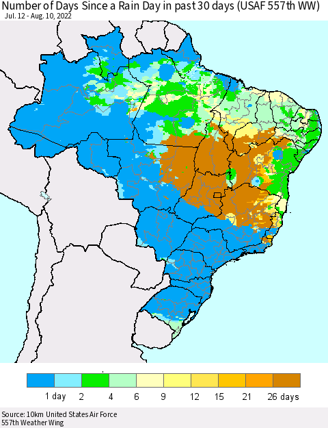 Brazil Number of Days Since a Rain Day in past 30 days (USAF 557th WW) Thematic Map For 8/6/2022 - 8/10/2022