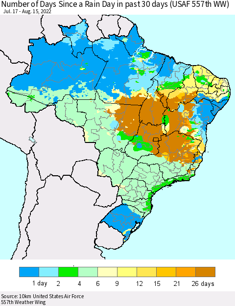 Brazil Number of Days Since a Rain Day in past 30 days (USAF 557th WW) Thematic Map For 8/11/2022 - 8/15/2022