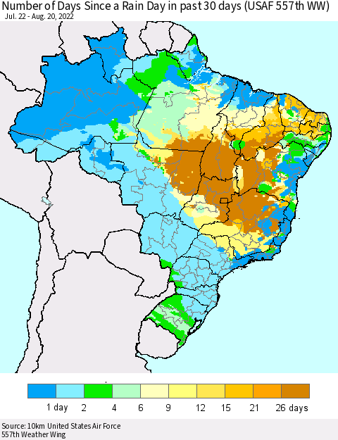 Brazil Number of Days Since a Rain Day in past 30 days (USAF 557th WW) Thematic Map For 8/16/2022 - 8/20/2022