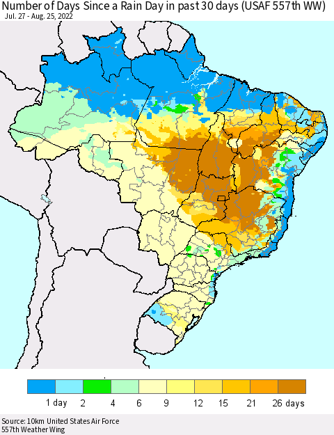 Brazil Number of Days Since a Rain Day in past 30 days (USAF 557th WW) Thematic Map For 8/21/2022 - 8/25/2022