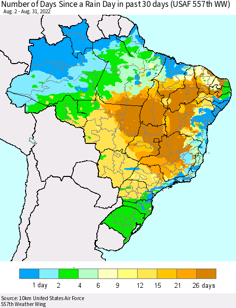 Brazil Number of Days Since a Rain Day in past 30 days (USAF 557th WW) Thematic Map For 8/26/2022 - 8/31/2022