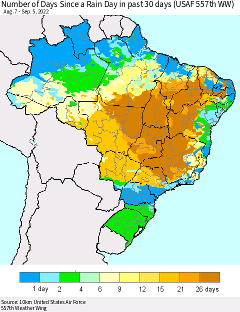 Brazil Number of Days Since a Rain Day in past 30 days (USAF 557th WW) Thematic Map For 9/1/2022 - 9/5/2022