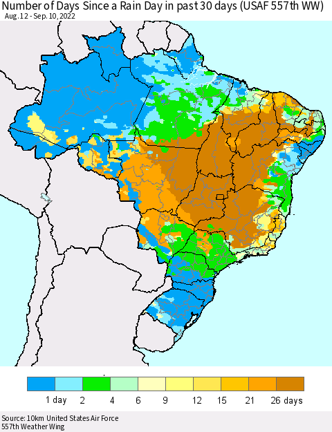 Brazil Number of Days Since a Rain Day in past 30 days (USAF 557th WW) Thematic Map For 9/6/2022 - 9/10/2022