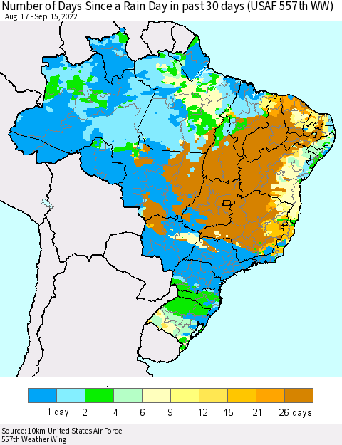 Brazil Number of Days Since a Rain Day in past 30 days (USAF 557th WW) Thematic Map For 9/11/2022 - 9/15/2022