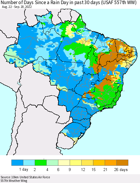 Brazil Number of Days Since a Rain Day in past 30 days (USAF 557th WW) Thematic Map For 9/16/2022 - 9/20/2022