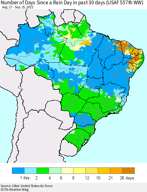 Brazil Number of Days Since a Rain Day in past 30 days (USAF 557th WW) Thematic Map For 9/21/2022 - 9/25/2022