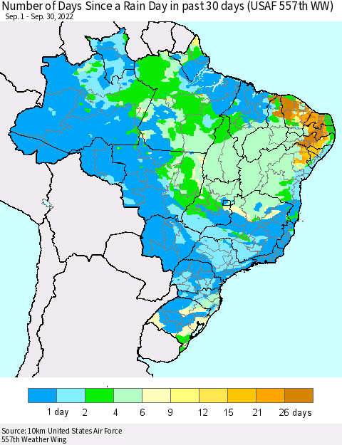 Brazil Number of Days Since a Rain Day in past 30 days (USAF 557th WW) Thematic Map For 9/26/2022 - 9/30/2022