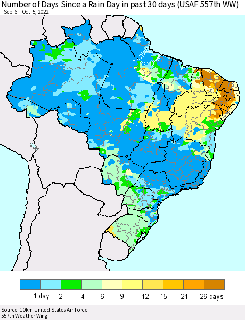 Brazil Number of Days Since a Rain Day in past 30 days (USAF 557th WW) Thematic Map For 10/1/2022 - 10/5/2022
