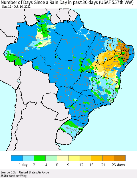 Brazil Number of Days Since a Rain Day in past 30 days (USAF 557th WW) Thematic Map For 10/6/2022 - 10/10/2022