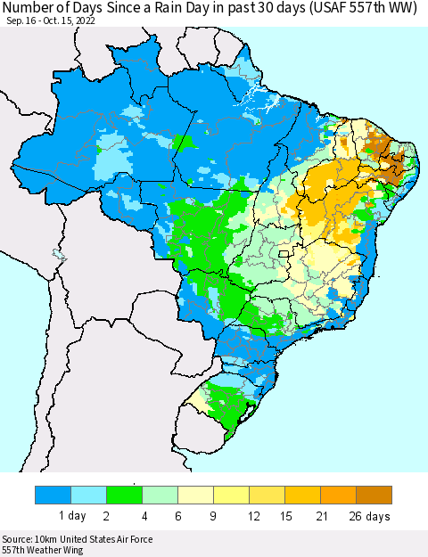 Brazil Number of Days Since a Rain Day in past 30 days (USAF 557th WW) Thematic Map For 10/11/2022 - 10/15/2022