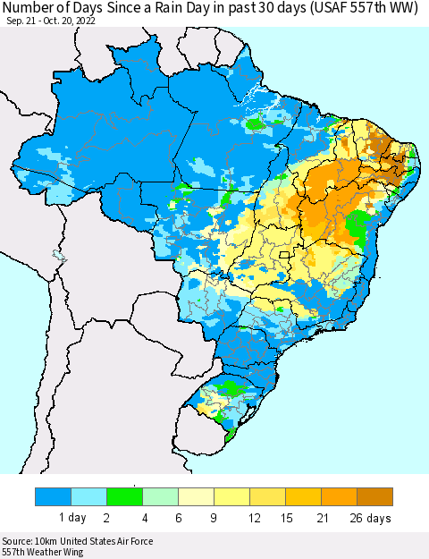 Brazil Number of Days Since a Rain Day in past 30 days (USAF 557th WW) Thematic Map For 10/16/2022 - 10/20/2022