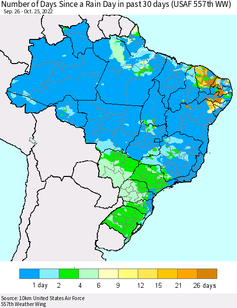 Brazil Number of Days Since a Rain Day in past 30 days (USAF 557th WW) Thematic Map For 10/21/2022 - 10/25/2022