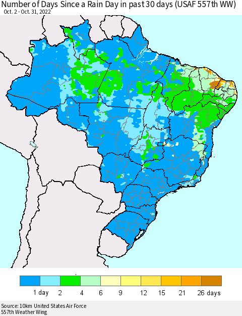 Brazil Number of Days Since a Rain Day in past 30 days (USAF 557th WW) Thematic Map For 10/26/2022 - 10/31/2022