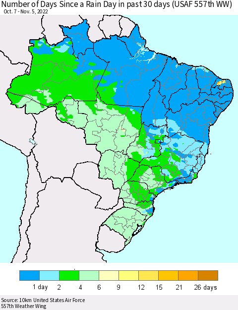 Brazil Number of Days Since a Rain Day in past 30 days (USAF 557th WW) Thematic Map For 11/1/2022 - 11/5/2022