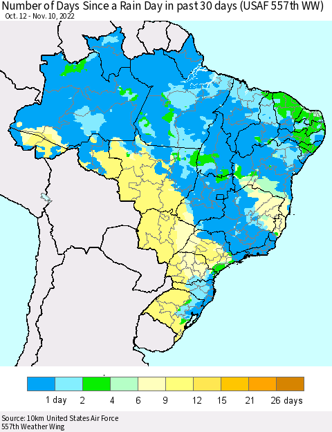 Brazil Number of Days Since a Rain Day in past 30 days (USAF 557th WW) Thematic Map For 11/6/2022 - 11/10/2022
