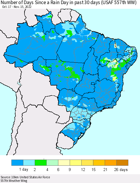 Brazil Number of Days Since a Rain Day in past 30 days (USAF 557th WW) Thematic Map For 11/11/2022 - 11/15/2022