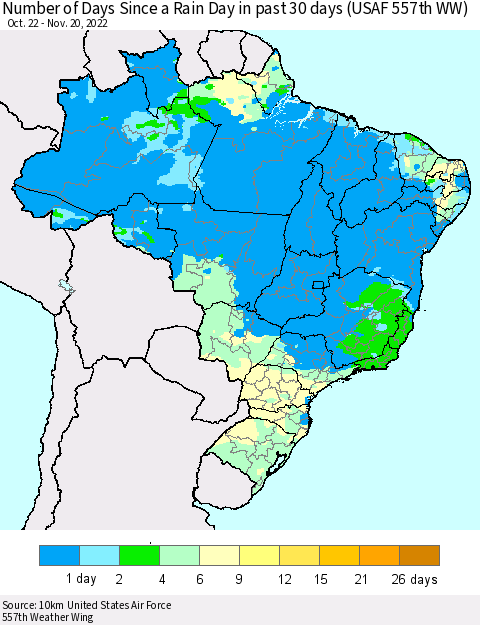 Brazil Number of Days Since a Rain Day in past 30 days (USAF 557th WW) Thematic Map For 11/16/2022 - 11/20/2022