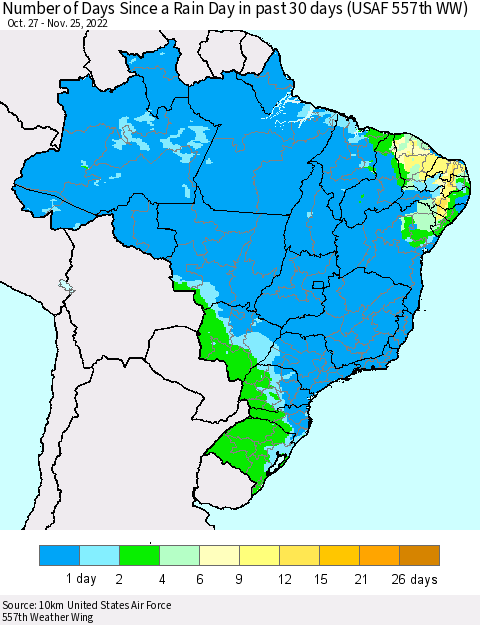 Brazil Number of Days Since a Rain Day in past 30 days (USAF 557th WW) Thematic Map For 11/21/2022 - 11/25/2022
