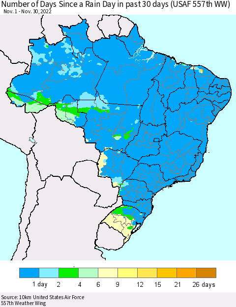 Brazil Number of Days Since a Rain Day in past 30 days (USAF 557th WW) Thematic Map For 11/26/2022 - 11/30/2022