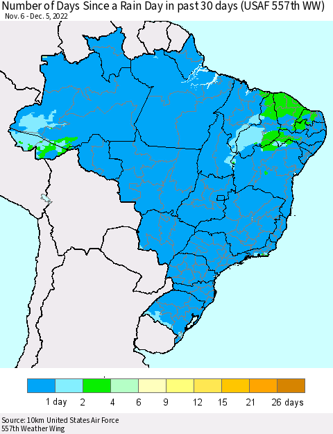 Brazil Number of Days Since a Rain Day in past 30 days (USAF 557th WW) Thematic Map For 12/1/2022 - 12/5/2022