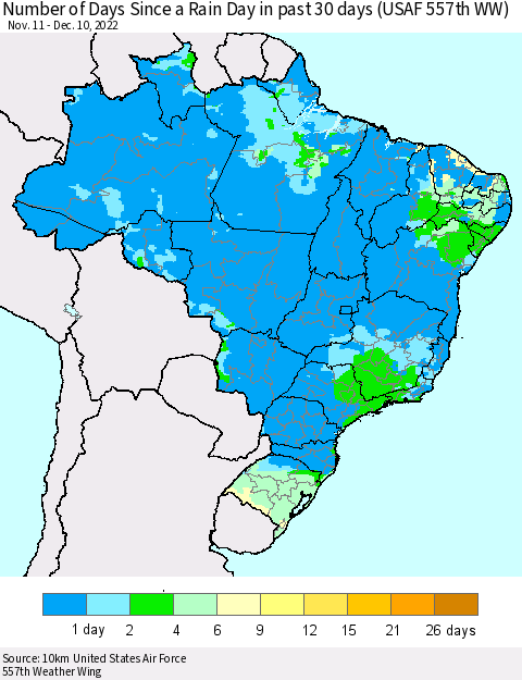 Brazil Number of Days Since a Rain Day in past 30 days (USAF 557th WW) Thematic Map For 12/6/2022 - 12/10/2022