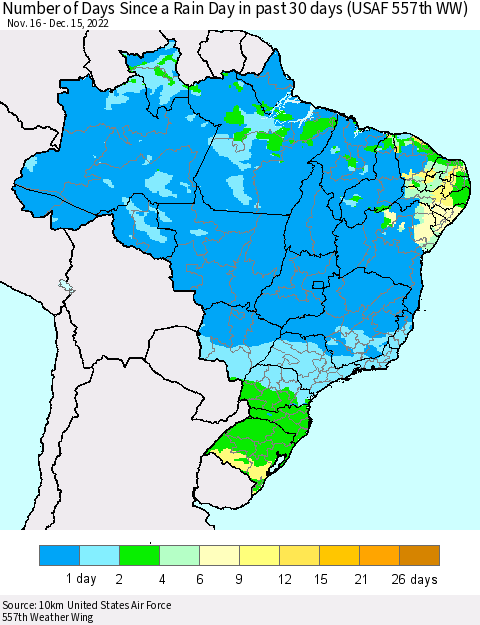 Brazil Number of Days Since a Rain Day in past 30 days (USAF 557th WW) Thematic Map For 12/11/2022 - 12/15/2022